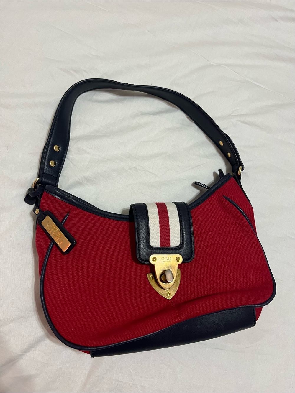Chaps Red Shoulder Bag with Black Trim and Gold Hardware